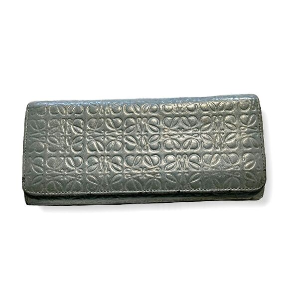 Loewe (Authentic) Slate Blue Anagram Embossed Leather Vintage Long Wallet, VGUC - Picture 12 of 12